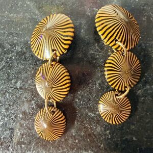Striped Gold and Black Dangle Earrings - clips on